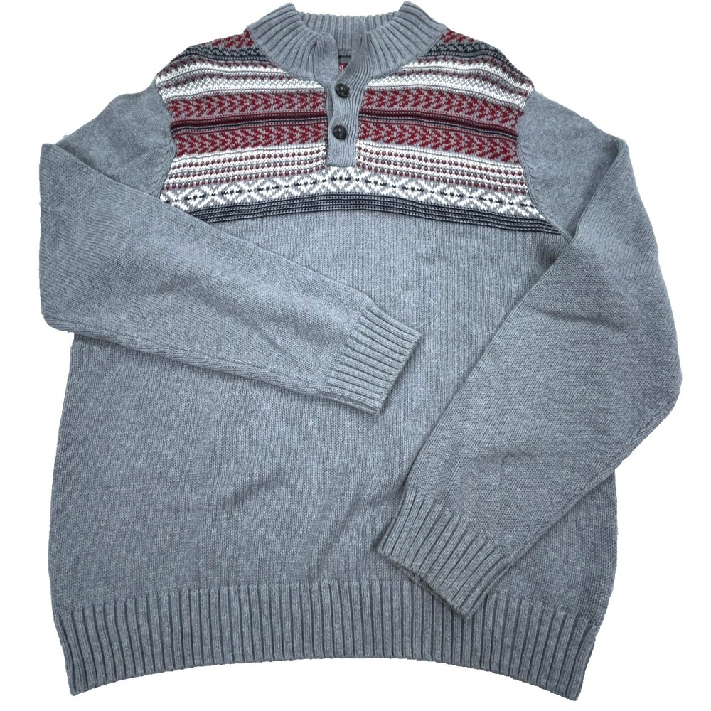 Chaps Sweater Men Medium‎ Gray Red Henley Heavy Knit Holiday Fair Isle Nordic *